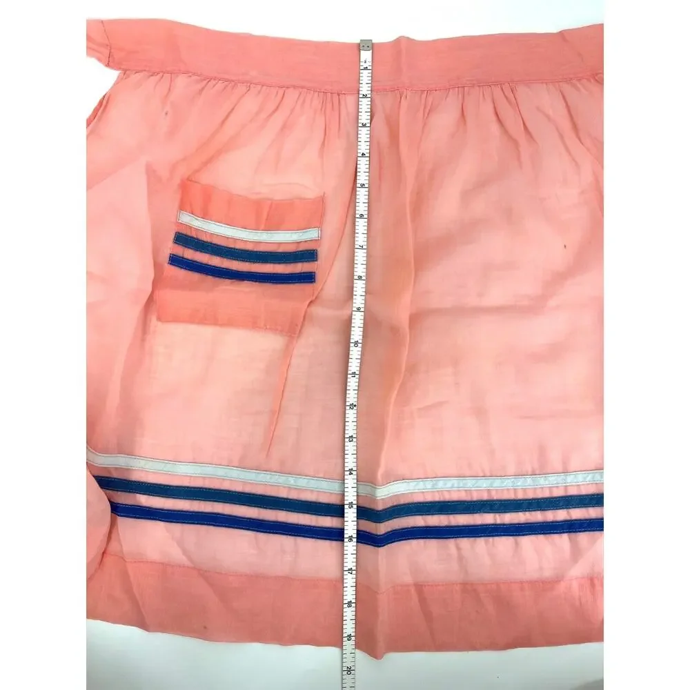 Vintage Kitchen Apron Handmade Coral with Blue Ribbon Trim